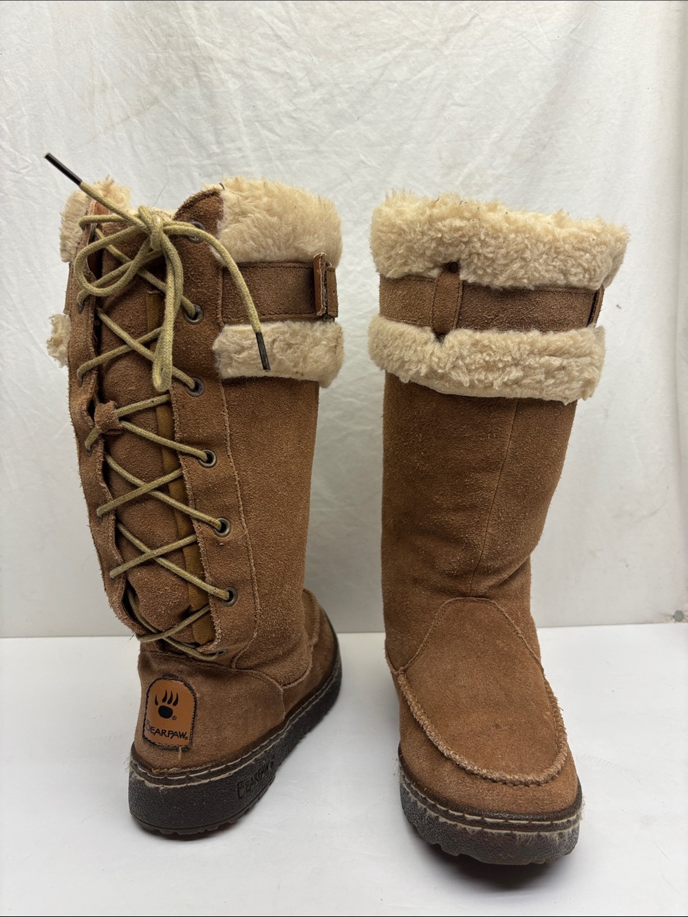 BearPaw Women's Suede Shearling-Trim Lace-Up Winter Boots, SZ 6